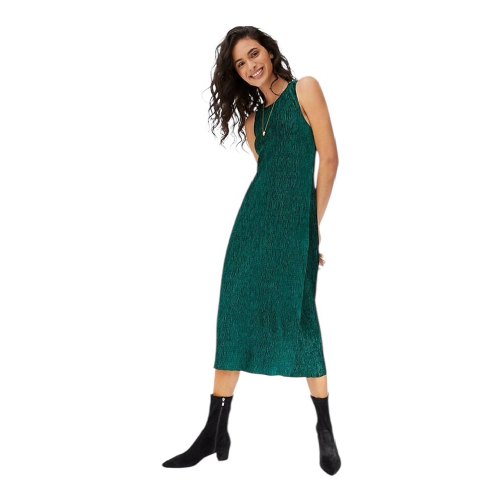 Anthropologie Maeve Green Velvet Midi Dress Twist Back Textured XS Sleeveless